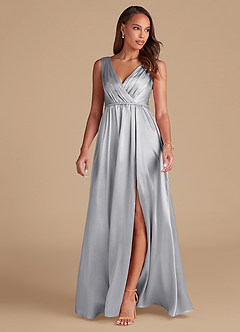 Azazie Tanicia Bridesmaid Dresses Silver A-Line Pleated Metallic Satin Dress image3