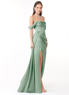 Azazie Amyra At-home Try On Dresses Agave Sheath Off the Shoulder Stretch Satin Convertible Dress image4