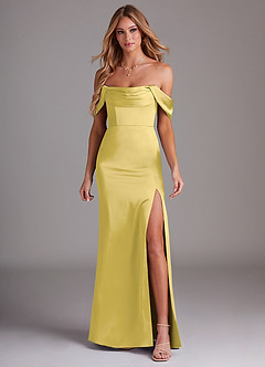 Azazie Saige Abiti da Damigella Abito Tubino in Raso Elasticizzato a Spalla Scoperta Canarino image3