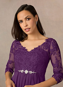 Azazie Hayek Kleider für die Brautmutter A-Linie V-Hals Spitze Chiffon Kleid Traube image3