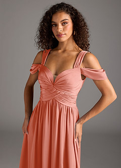 Azazie Lianne Bridesmaid Dresses Coral A-Line Off the Shoulder Stretch Satin Dress image3