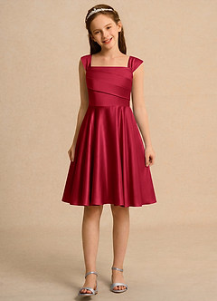 Azazie Budle Girls Formal Flower Girl Dresses Scarlet A-Line Pleated Matte Satin Dress image4