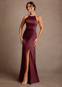 Azazie Lawrence Mother of the Bride Dresses Cabernet A-Line Pleated Stretch Satin Dress image2