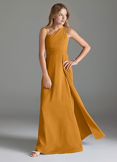 Azazie Dallas Junior Vestido Caramelo de Chiffon de Linha A com Plissado image3