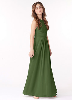 Azazie Bonnie Junior Olive A-Line Pleated Chiffon Dress image2
