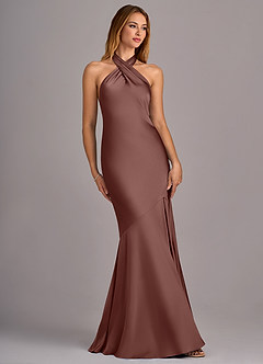 Azazie Lorena Bridesmaid Dresses Espresso Mermaid Pleated Stretch Satin Dress image3