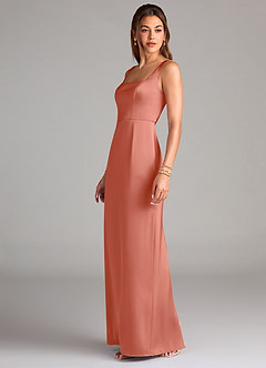 Azazie Flori Bridesmaid Dresses Salmon Pink Sheath Side Slit Stretch Satin Dress image4