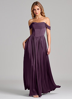 Azazie Raisa Bridesmaid Dresses Plum A-Line Off the Shoulder Stretch Satin Dress image3