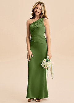 Azazie Akilah Junior Jurk van Stretch Satijn met Kolom Geplooid Jeneverbes image5