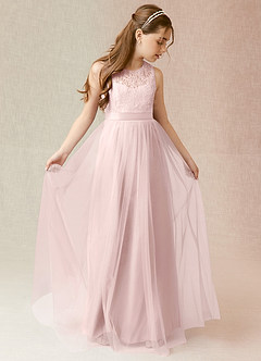 Azazie Georgette Junior Robe Trapèze en Tulle Dentelle Rose Pâle image1