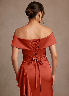 Azazie Kirsty Mother of the Bride Dresses Rust Sheath Off the Shoulder Stretch Satin Dress image6