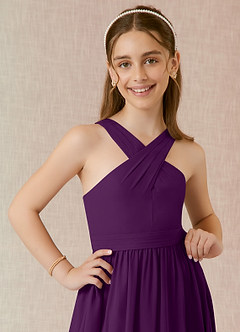 Azazie Jiya Junior Abito A-Line in Chiffon Plissettato Uva image4