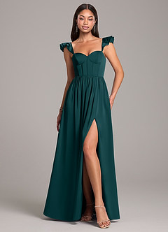 Azazie Denisse Bridesmaid Dresses Pine A-Line Ruched Stretch Satin Dress image1