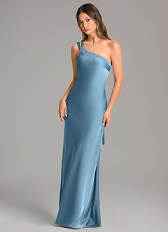 Azazie Monroe Vestidos de damas de honor Vestido de Azul Acero de Satén Elástico de Corte Sirena con Hombro unilateral image3