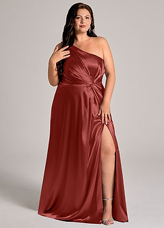 Azazie Brooke Bridesmaid Dresses Terracotta A-Line One Shoulder Metallic Satin Dress image12