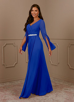 Azazie Belinda vestidos de madre de la novia Vestido de Azul Real de Gasa de Corte En A con Cuello en V Plisado image3