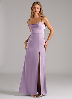 Azazie Callan Bridesmaid Dresses Frosted Lilac A-Line Pleated Stretch Satin Convertible Dress image5