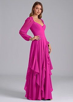 Azazie Karan Vestidos de damas de honor Vestido de Fucsia de Gasa de Corte en A con Manga larga image5