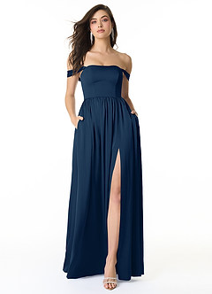 Azazie Morana Brautjungfernkleider Wandelbar A-Linie Schulterfrei Stretch-Satin Kleid Dunkelmarine image1