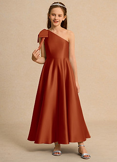 Azazie Guppy Junior Formal vestidos de niña de las flores Vestido de Pimenton de Satin Mate de Corte En A con Hombro unilateral image3