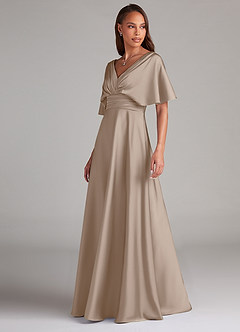 Azazie Pamela Bridesmaid Dresses Taupe A-Line Pleated Stretch Satin Dress image4