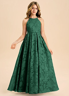 Azazie Arianthe Junior Vestido de Verde Oscuro de Devorado Floral de Corte en A con Plisado image3