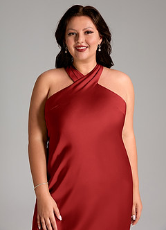 Azazie Doretta Bridesmaid Dresses Pomegranate Mermaid Pleated Stretch Satin Dress image11