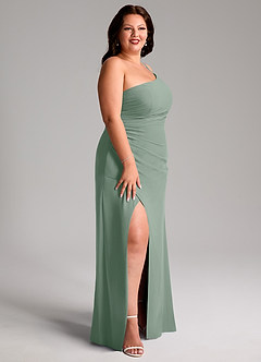 Azazie Eren Vestidos de damas de honor Vestido de Salvia Plateada de Gasa de Corte Recto con Hombro unilateral image12