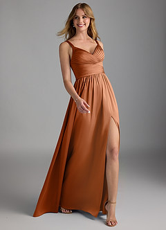 Azazie Chanel Final Sale Copper A-Line Pleated Stretch Satin Dress image6