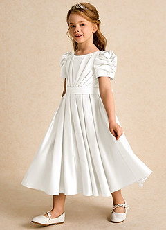 Azazie Miriam Flower Girl Dresses Ivory Ball-Gown Pleated Matte Satin Dress image7