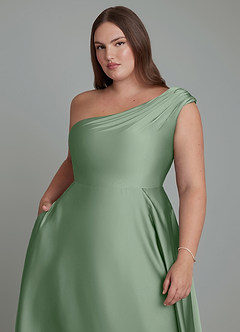 Azazie Melanie Abiti da Damigella Abito A-Line in Raso Elasticizzato Spalle Scoperte Matcha image12