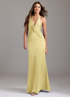 Azazie Valerie Bridesmaid Dresses Lemon Sorbet Mermaid Pleated Stretch Satin Dress image3