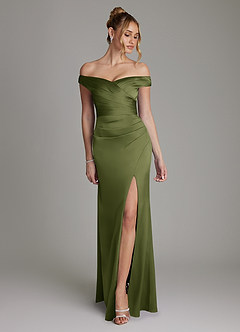 Azazie Teyana Bridesmaid Dresses Olive Sheath Off the Shoulder Stretch Satin Dress image1