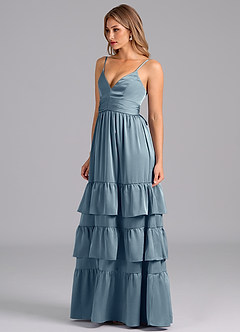 Azazie Nathalia Bridesmaid Dresses Dusty Blue A-Line Pleated Stretch Satin Dress image4