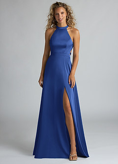 Azazie Clarice Bridesmaid Dresses Royal Blue A-Line High Neck Stretch Satin Dress image4