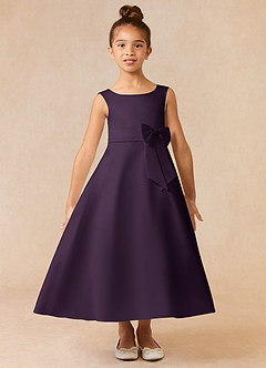 Azazie Lindy Flower Girl Dresses Plum A-Line Pleated Matte Satin Dress image2