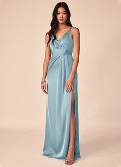 Azazie Aqua Bridesmaid Dresses Moody Blue A-Line V-Neck Pleated Stretch Satin Dress image1