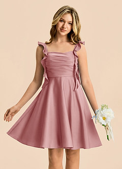 Azazie Kira Junior Dusty Rose A-Line Ruched Stretch Satin Dress image1