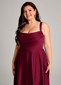 Azazie Shaude Bridesmaid Dresses Burgundy A-Line Pleated Stretch Satin Dress image2