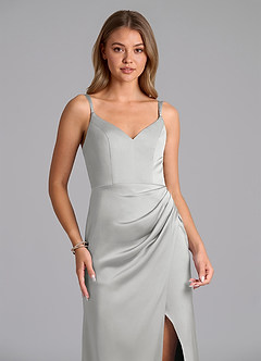 Azazie Leo Final Sale Silver Sheath Pleated Stretch Satin Dress image4