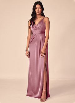 Azazie Aqua Bridesmaid Dresses Vintage Mauve A-Line V-Neck Pleated Stretch Satin Dress image1