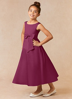 Azazie Lindy Flower Girl Dresses Mulberry A-Line Pleated Matte Satin Dress image1