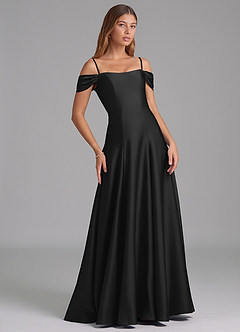 Azazie Seriana Jurken voor bruidsmeisjes Converteerbaar Jurk van Stretch Satijn met A-Lijn Off the Shoulder Zwart image6