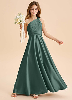 Azazie Charlize Junior A라인 주름진 스트레치 새틴 플로어 길이 주니어 신부 들러리 드레스 image1