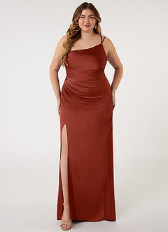 Azazie Eren Bridesmaid Dresses Terracotta Mermaid One Shoulder Stretch Satin Dress image6