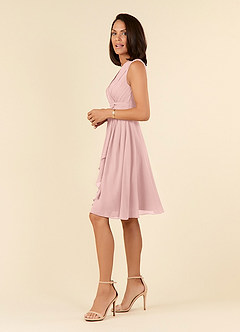 Azazie Theron Mère de la mariée Robes Robe Trapèze en Mousseline de soie Col V plissé Rose Poudré image3