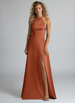 Azazie Clarice Robes de demoiselle d'honneur Robe Trapèze en Satin extensible Col Haut Rose De Cèdre image4