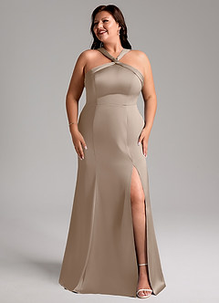 Azazie Rue Bridesmaid Dresses Taupe Mermaid Pleated Stretch Satin Dress image10