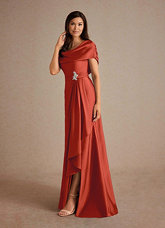 Azazie Branford Mother of the Bride Dresses Rust A-Line Pleated Stretch Satin Dress image2