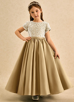 Azazie Cashew Blumenmädchenkleider Ballkleid mit ärmel Matte Satin Kleid Gold image2